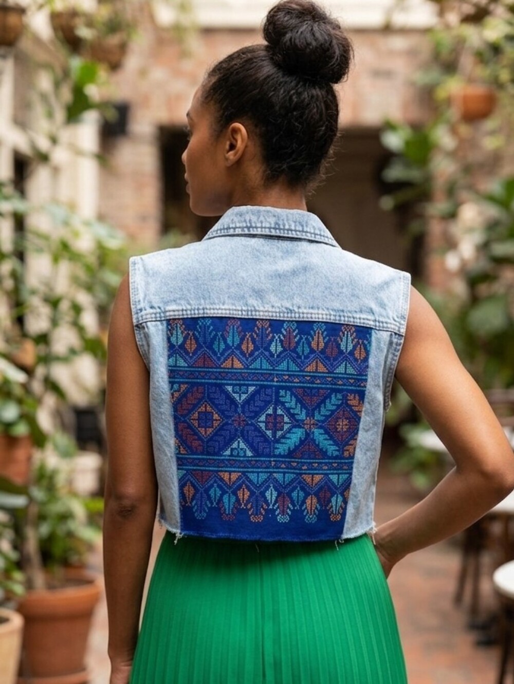 one-of-a-kind cropped denim vest is a true statement piece. Sizs M